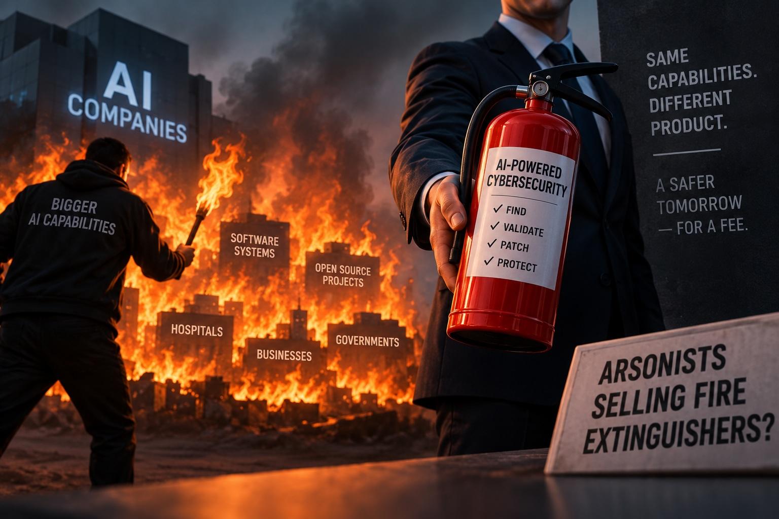 A figure in a hoodie labelled 'bigger AI capabilities' sets fire to a skyline of buildings marked hospitals, businesses, governments, software systems and open source projects, while a suited salesman in the foreground holds out a fire extinguisher labelled 'AI-powered cybersecurity: find, validate, patch, protect' beside a placard reading 'arsonists selling fire extinguishers?'